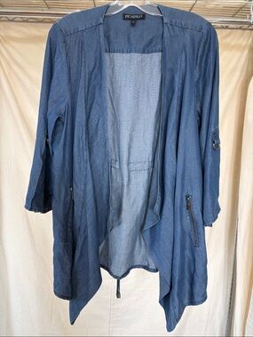 Picadilly Fashion Denim-Style Open Front Trench Coat in Blue